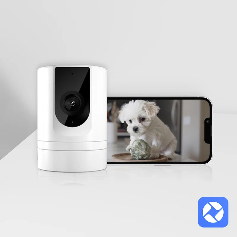 White 1080P indoor pet security camera on a table