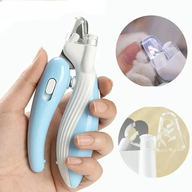Pet nail clippers with built-in LED light illuminating a nail